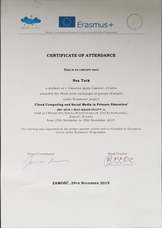 Erasmus+ certificate of attendance — Cloud Computing and Social Media in Primary Education