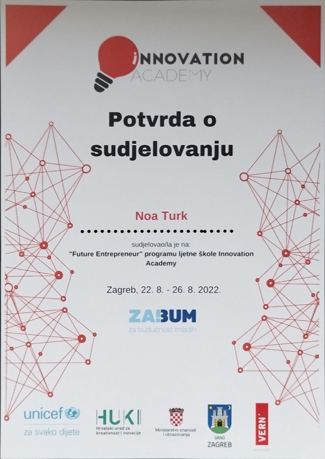 Certificate of participation — Innovation Academy "Future Entrepreneur" summer school