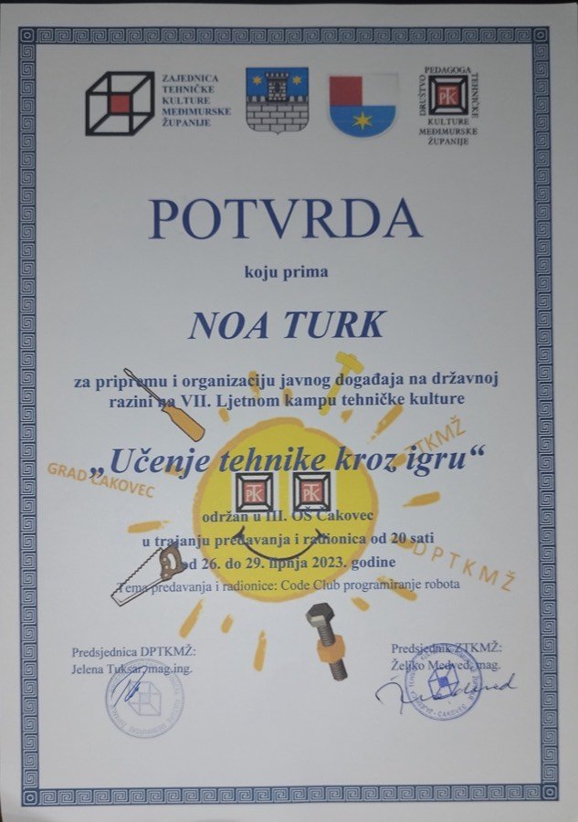 Certificate — organising the 7th summer technical culture camp