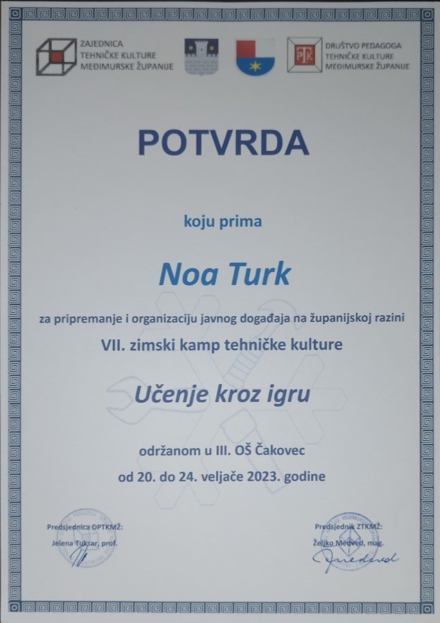 Certificate — organising the 7th winter technical culture camp
