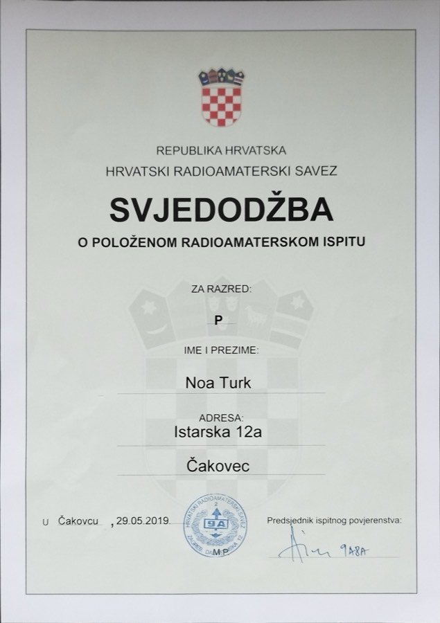 Certificate of passed amateur radio examination (class P)