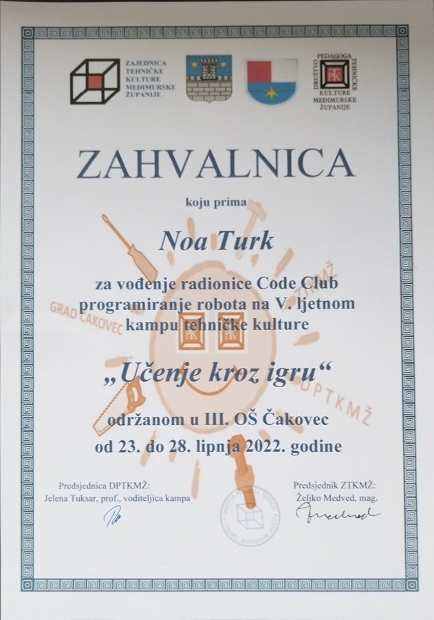 Certificate of appreciation — Code Club workshop at the 5th summer technical culture camp