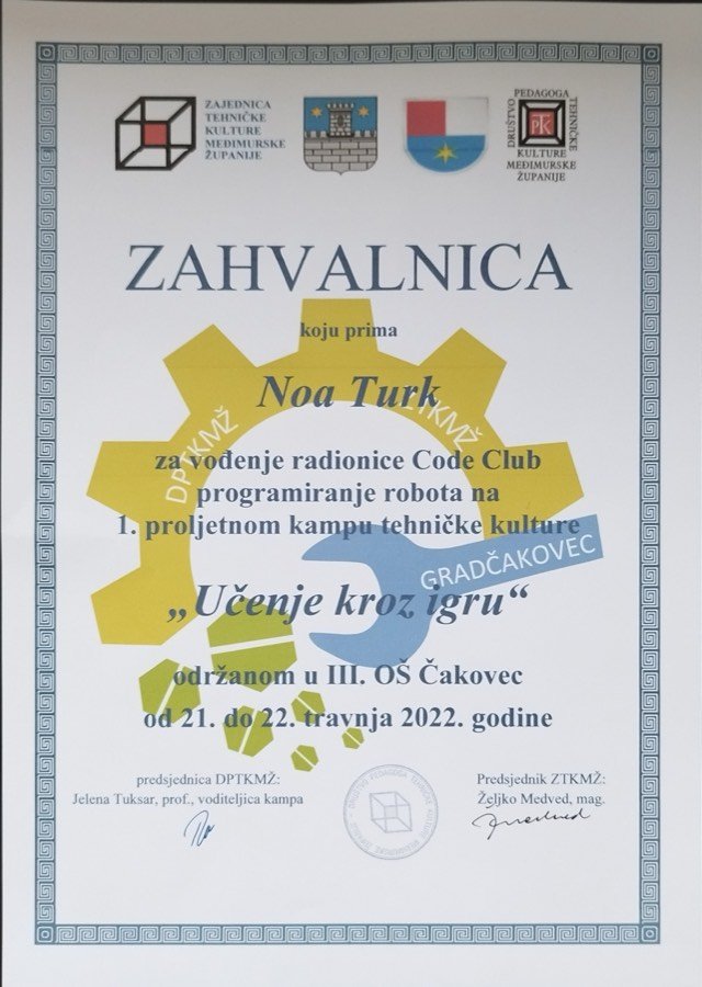 Certificate of appreciation — Code Club workshop at the 1st spring technical culture camp