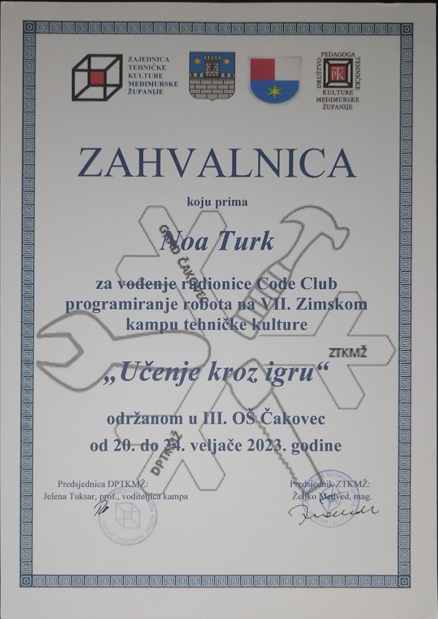 Certificate of appreciation — Code Club workshop at the 7th winter technical culture camp
