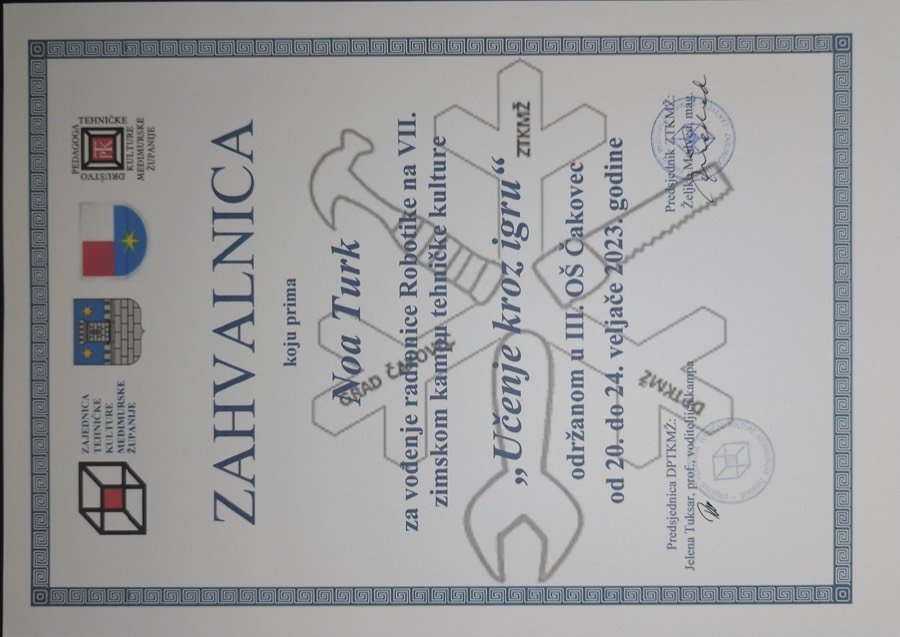 Certificate of appreciation — robotics workshop at the 7th winter technical culture camp